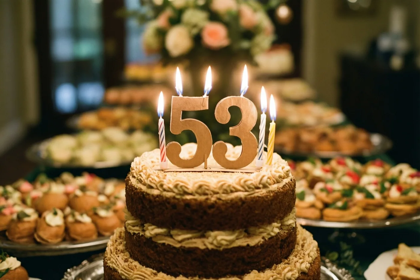 Een taart met meerdere verdiepingen, een papieren versiering met 53 en brandende kaarsjes staat tussen allerlei gebak op een warm verlicht buffet met een onscherpe achtergrond.