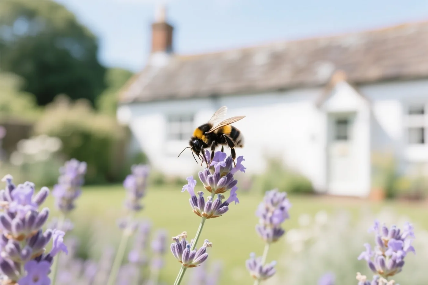 Een hommel zit op een paarse lavendelbloem in een zonnige tuin, met een wit huisje wazig op de achtergrond.