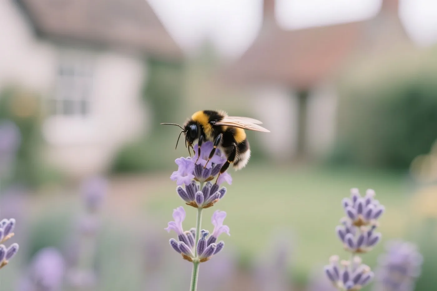 Een hommel zit op een paarse lavendelbloem, met een landelijk gebouw en groen wazig op de achtergrond.