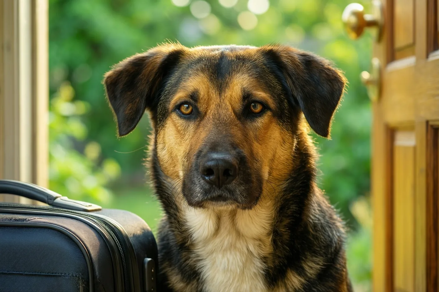 Een bruin-zwarte hond met een witte borst zit naast een zwarte koffer bij een open houten deur, met een onscherpe groene tuin op de achtergrond.