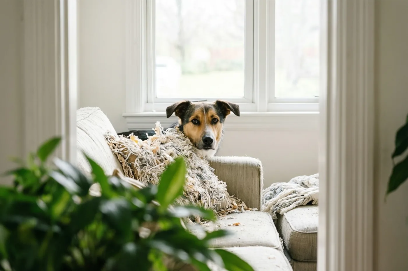 Een bruin-zwarte hond kijkt van achter een lichte zetel en een verscheurd, gerafeld kussen, bij een raam met zacht daglicht.