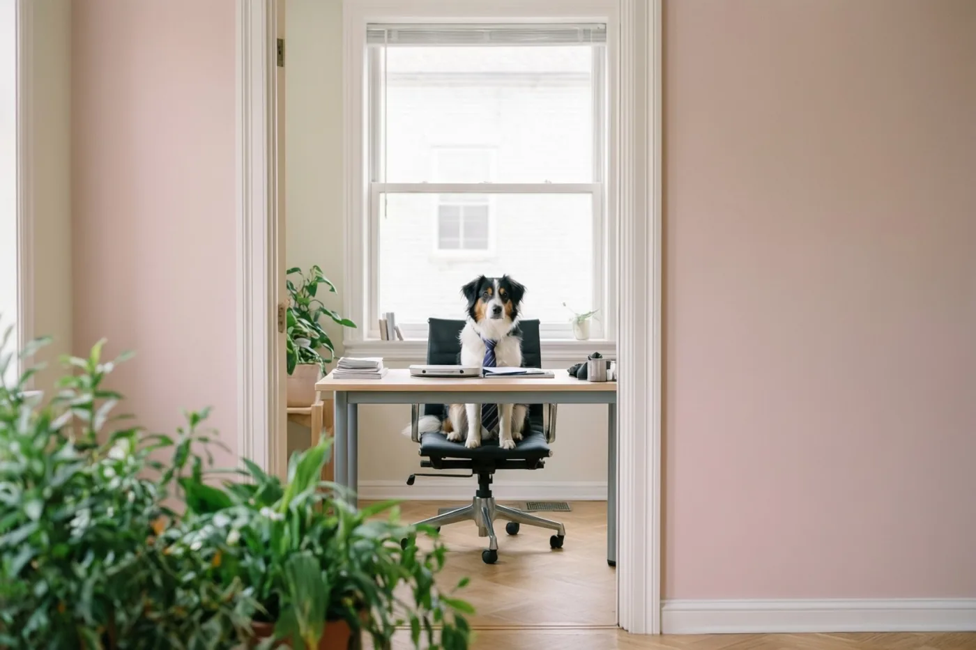 Een hond met een stropdas zit rechtop op een bureaustoel achter een houten bureau in een lichte kamer met roze muren en groene planten.