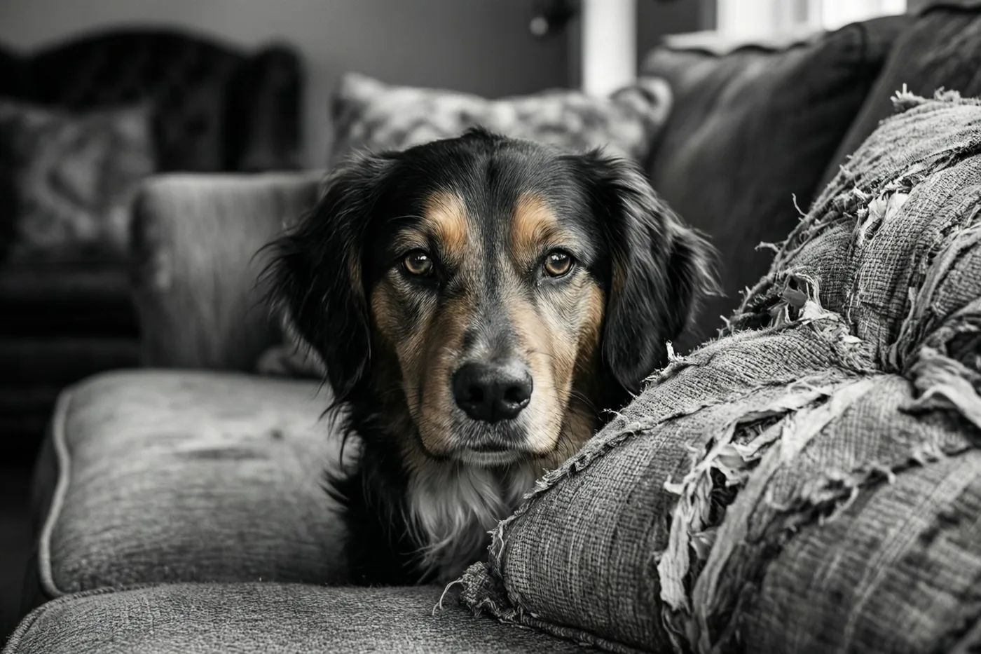 Op een zwart-witfoto gluurt een hond van achter een versleten zetel, met zijn kop vlak bij een kapotgebeten kussen.