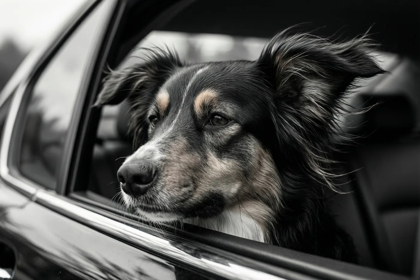 Op een zwart-witfoto steekt een hond zijn kop uit een autoraam, met zijn oren wapperend in de wind en een onscherpe achtergrond.