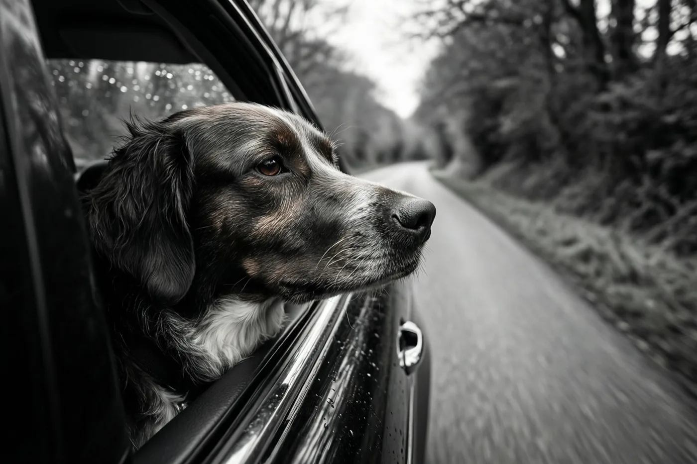 Op een zwart-witfoto steekt een hond zijn kop uit een autoraam en kijkt vooruit terwijl de auto over een weg met bomen rijdt.