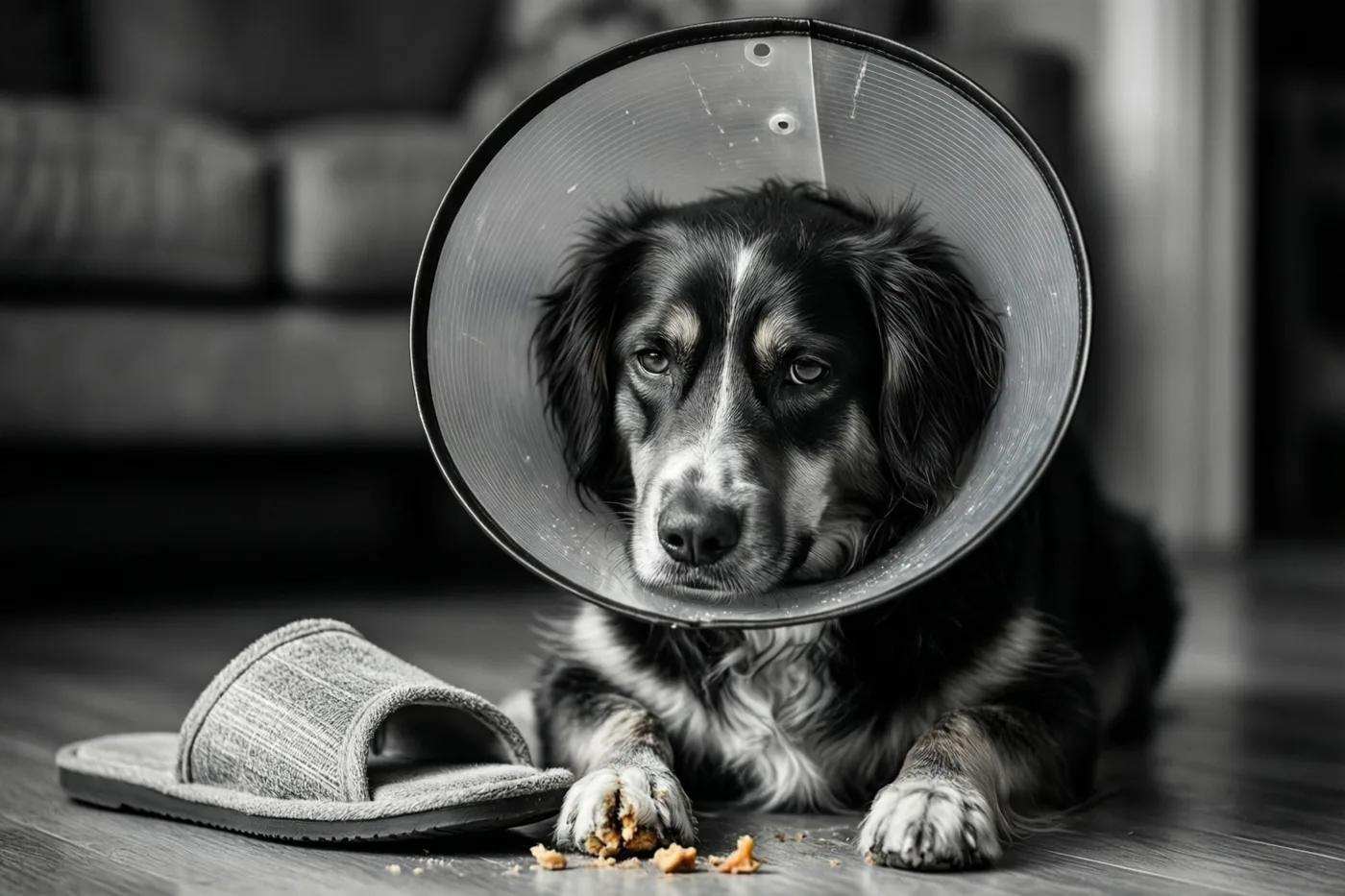 Op een zwart-witfoto zit een hond met een beschermkap op een houten vloer naast een kapotgekauwde pantoffel en kijkt droevig naar de camera.