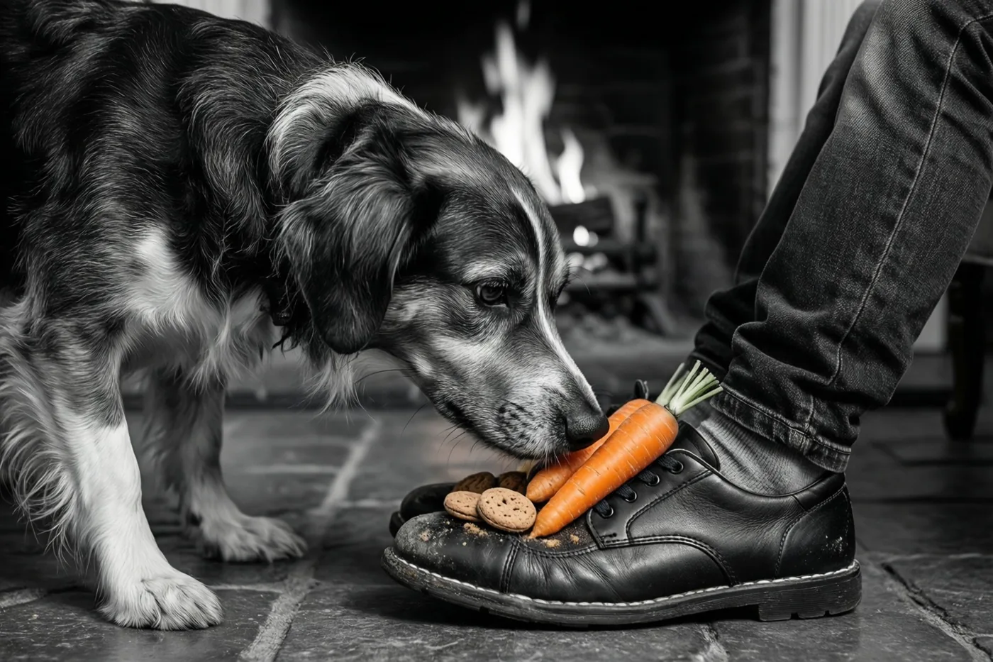 Een zwart-witte hond besnuffelt een zwarte kinderschoen met een oranje wortel en bruine pepernoten bij een haard met zichtbare vlammen.
