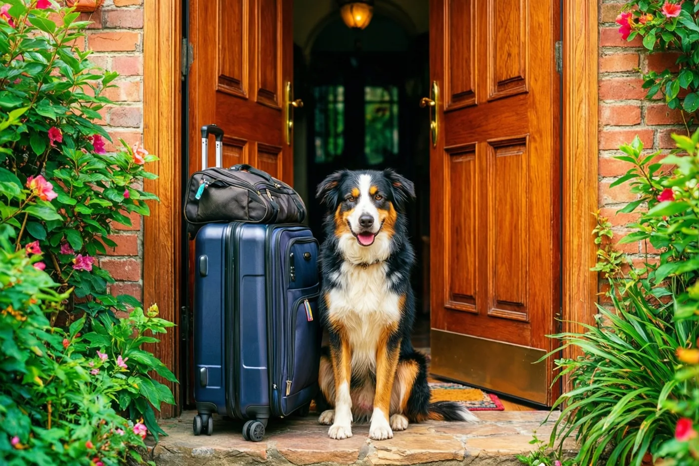 Een driekleurige hond zit op een stenen drempel naast een blauwe koffer met een zwarte tas erop, bij een open houten deur tussen bakstenen muren en bloeiende struiken.