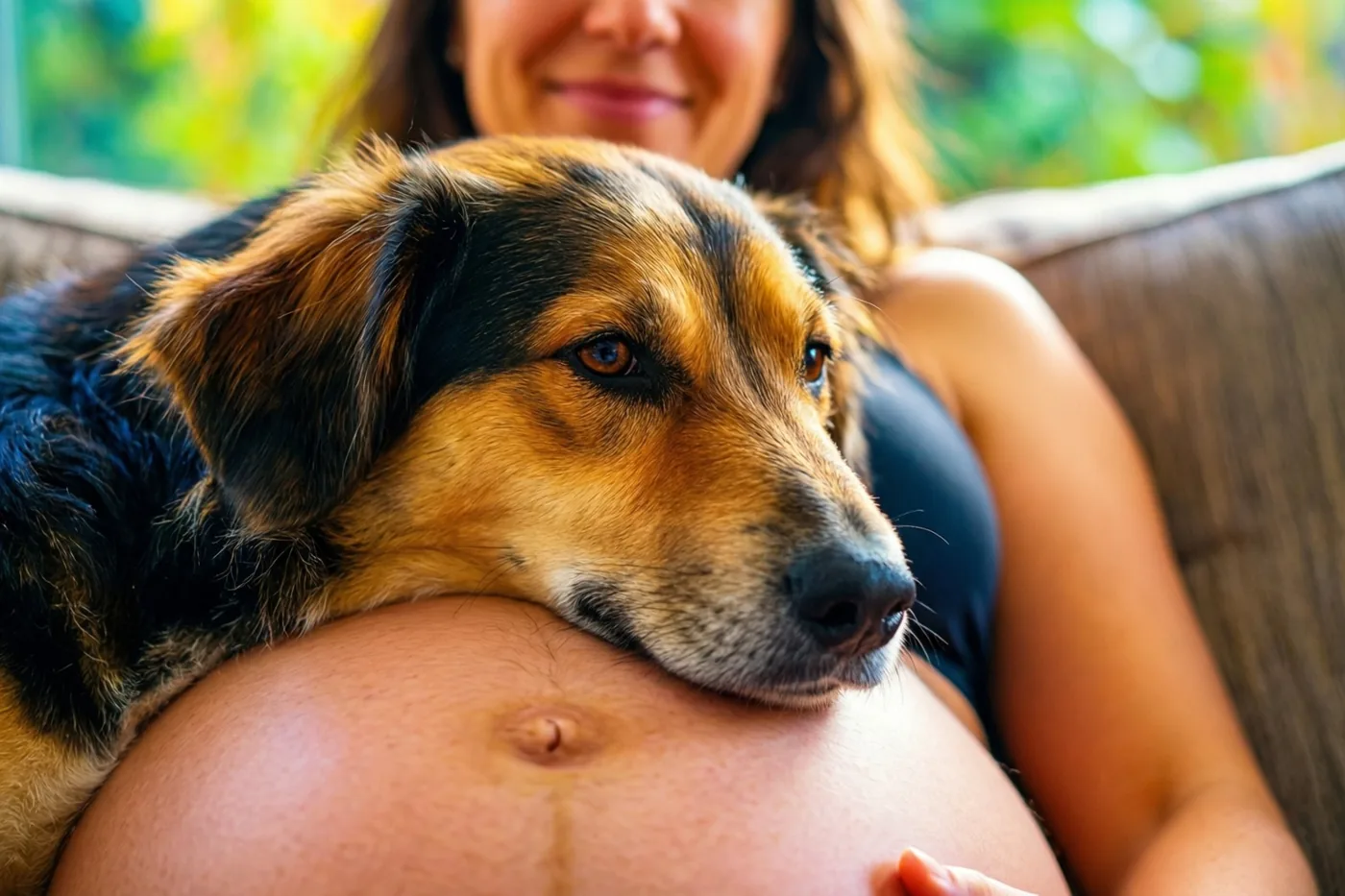 Een hond met een zwarte en lichtbruine vacht legt zijn kop op de buik van een zwangere vrouw terwijl ze buiten op een zetel zitten, met groen op de achtergrond.