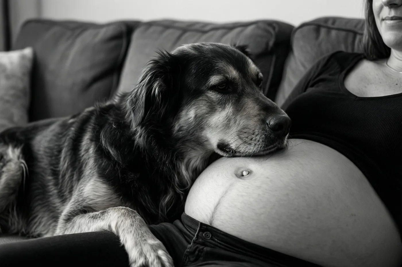 Op een zwart-witfoto legt een hond zijn kop op de buik van een zwangere vrouw op een zetel, terwijl haar gezicht buiten beeld blijft.