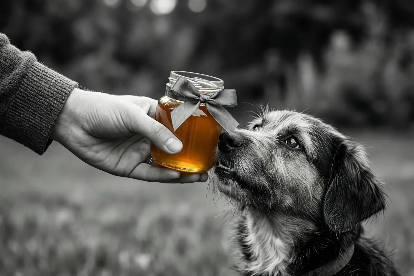 Een hand houdt een pot honing met een strik voor een hond die omhoogkijkt, waarbij alleen de honingpot in kleur is en de rest in zwart-wit.