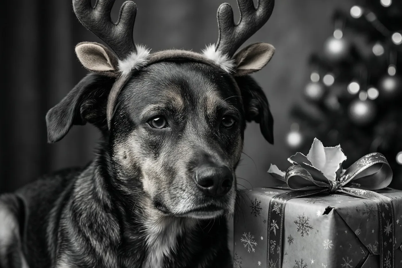 Een zwart-witfoto toont een hond met een rendiergewei die met een schuldbewuste blik naar de camera kijkt naast een kerstcadeau met een gescheurde strik, met een onscherpe verlichte kerstboom op de achtergrond.