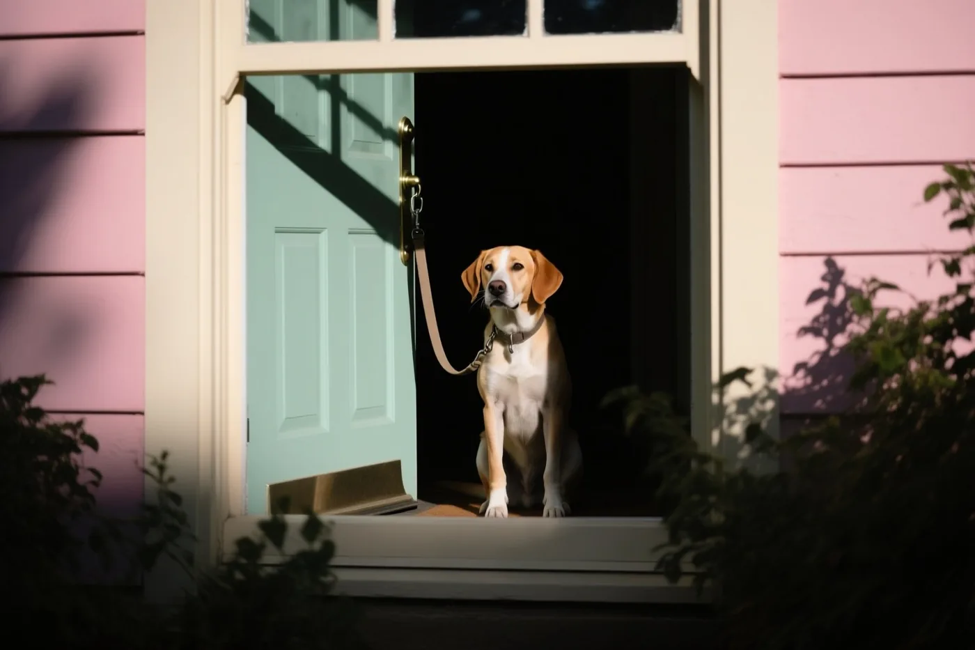 Een lichtbruine en witte hond zit in een deuropening met een leiband in zijn bek, omringd door roze gevelbekleding en een groene deur in warm zonlicht.