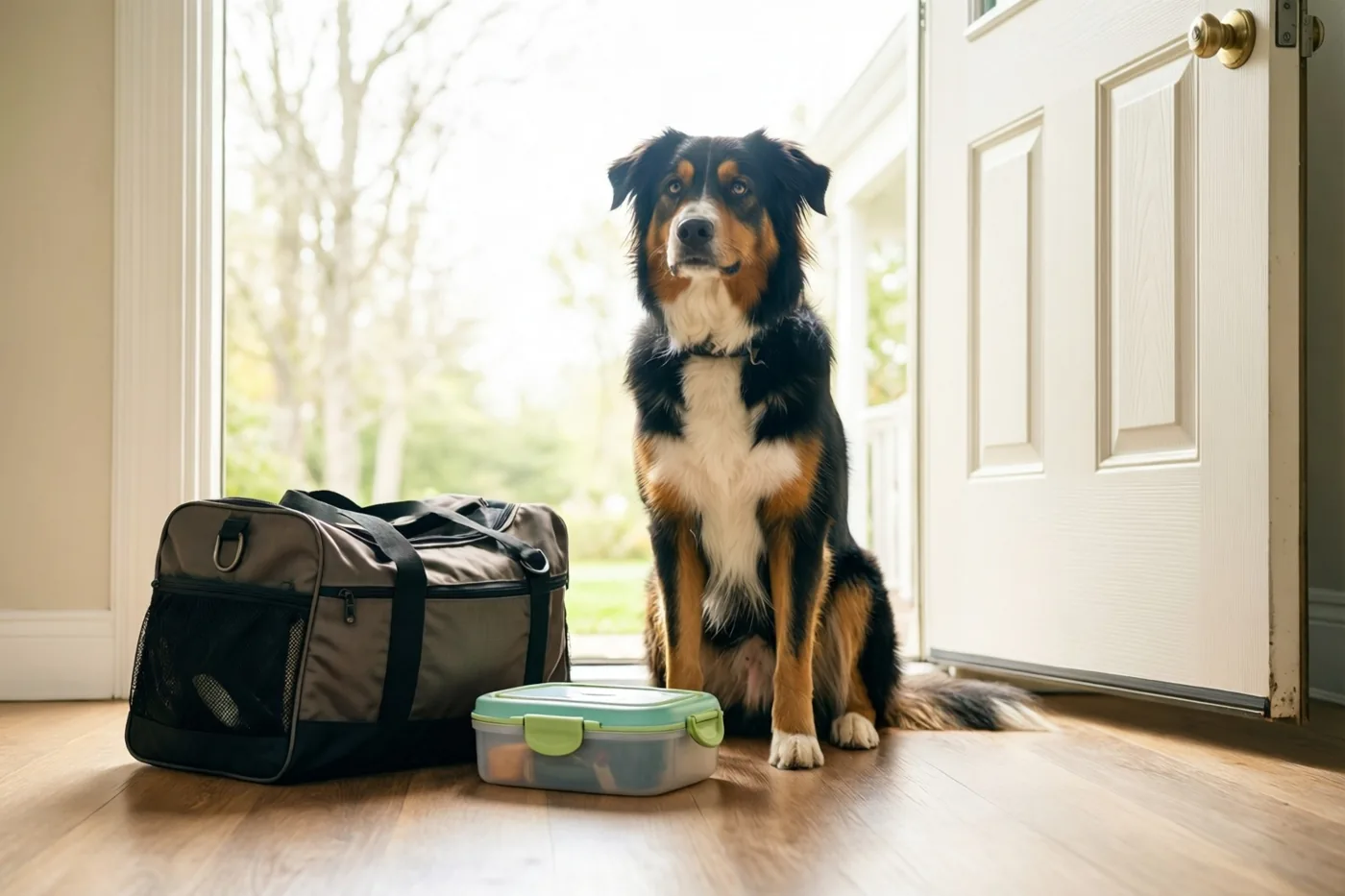 Een driekleurige hond zit op een houten vloer naast een reistas en een brooddoos bij een open voordeur waar helder daglicht binnenvalt.