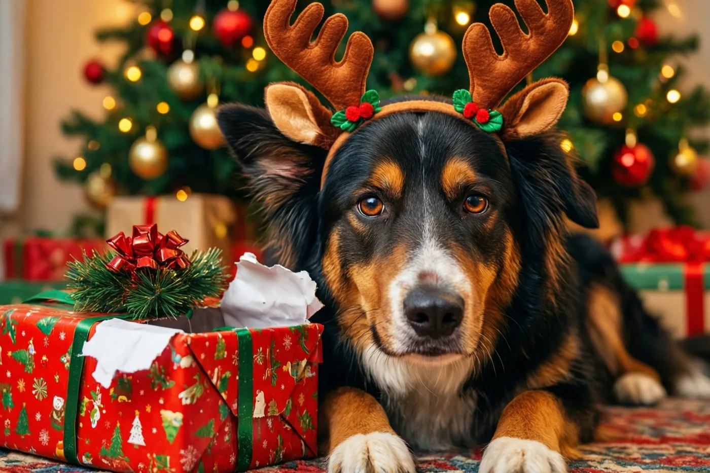 Een hond met een rendiergewei op zijn kop ligt naast een opengescheurd kerstcadeau, met een versierde kerstboom op de achtergrond in warme rode, groene en gouden tinten.