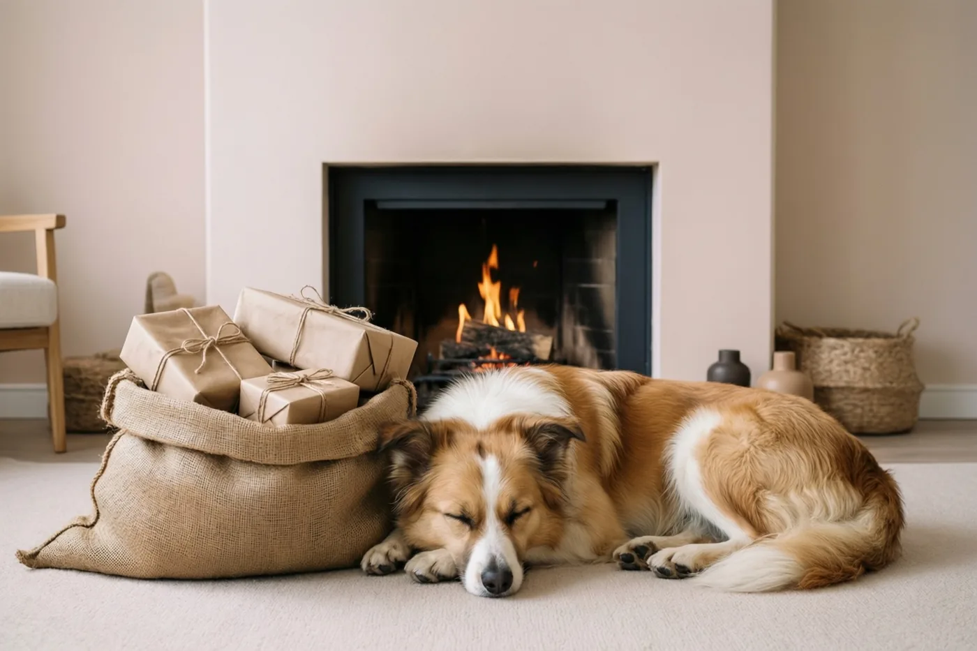 Een bruin-witte hond slaapt op een tapijt naast een jutezak met ingepakte cadeaus voor een brandende haard in een zacht verlichte woonkamer.