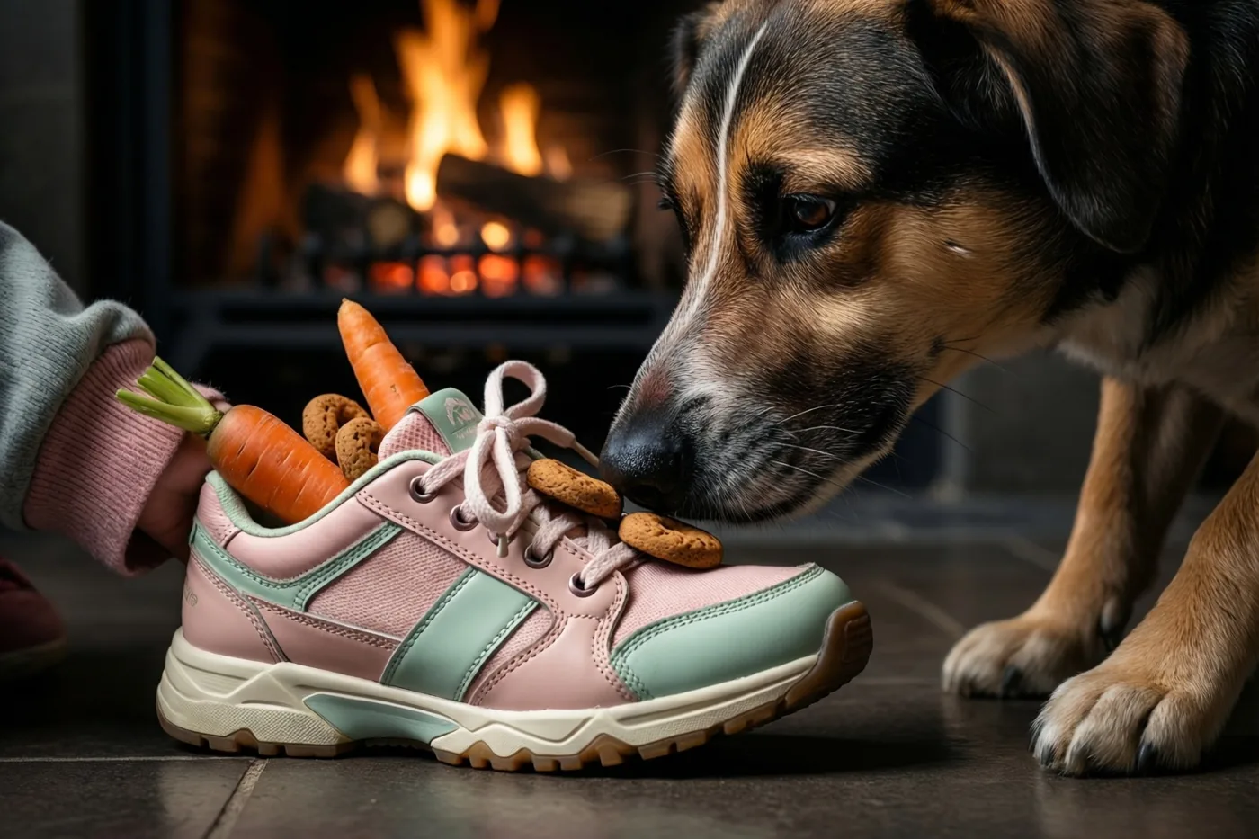 Een hond besnuffelt een roze en mintgroene kindersportschoen gevuld met wortels en pepernoten bij een brandende haard.