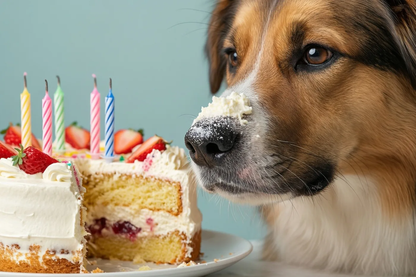 Een hond met wit glazuur op zijn neus kijkt naar een half opgegeten verjaardagstaart met gekleurde kaarsen en aardbeien tegen een lichtblauwe achtergrond.