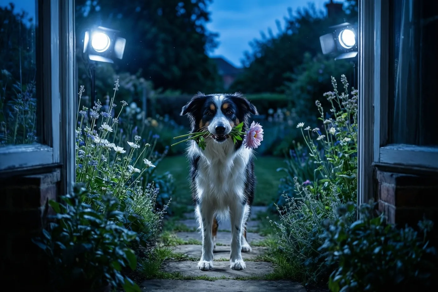 Een zwart-wit-bruine hond staat met een roze bloem in zijn bek op een stenen tuinpad, omlijst door een deuropening met aan weerszijden lichtjes in de schemering.