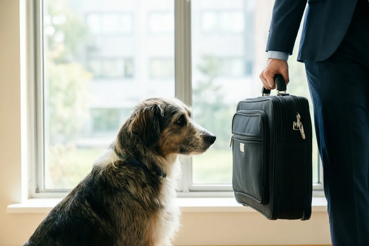 Een hond zit bij een raam en kijkt naar een persoon in een pak die met een aktetas klaarstaat om te vertrekken, in zacht daglicht.