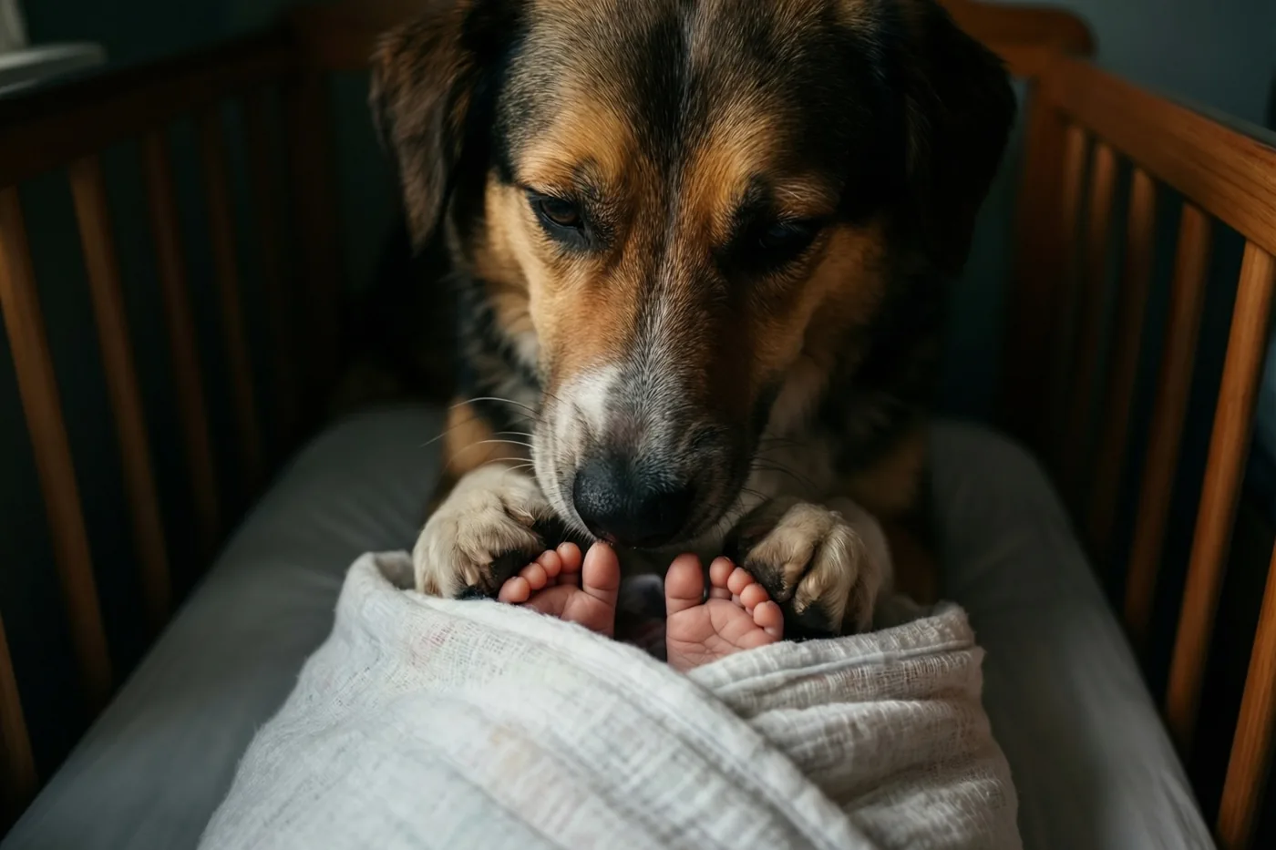 Een bruin-zwarte hond snuffelt aan de kleine voetjes van een pasgeboren baby die uit een witte inbakerdoek steken in een houten babybed.
