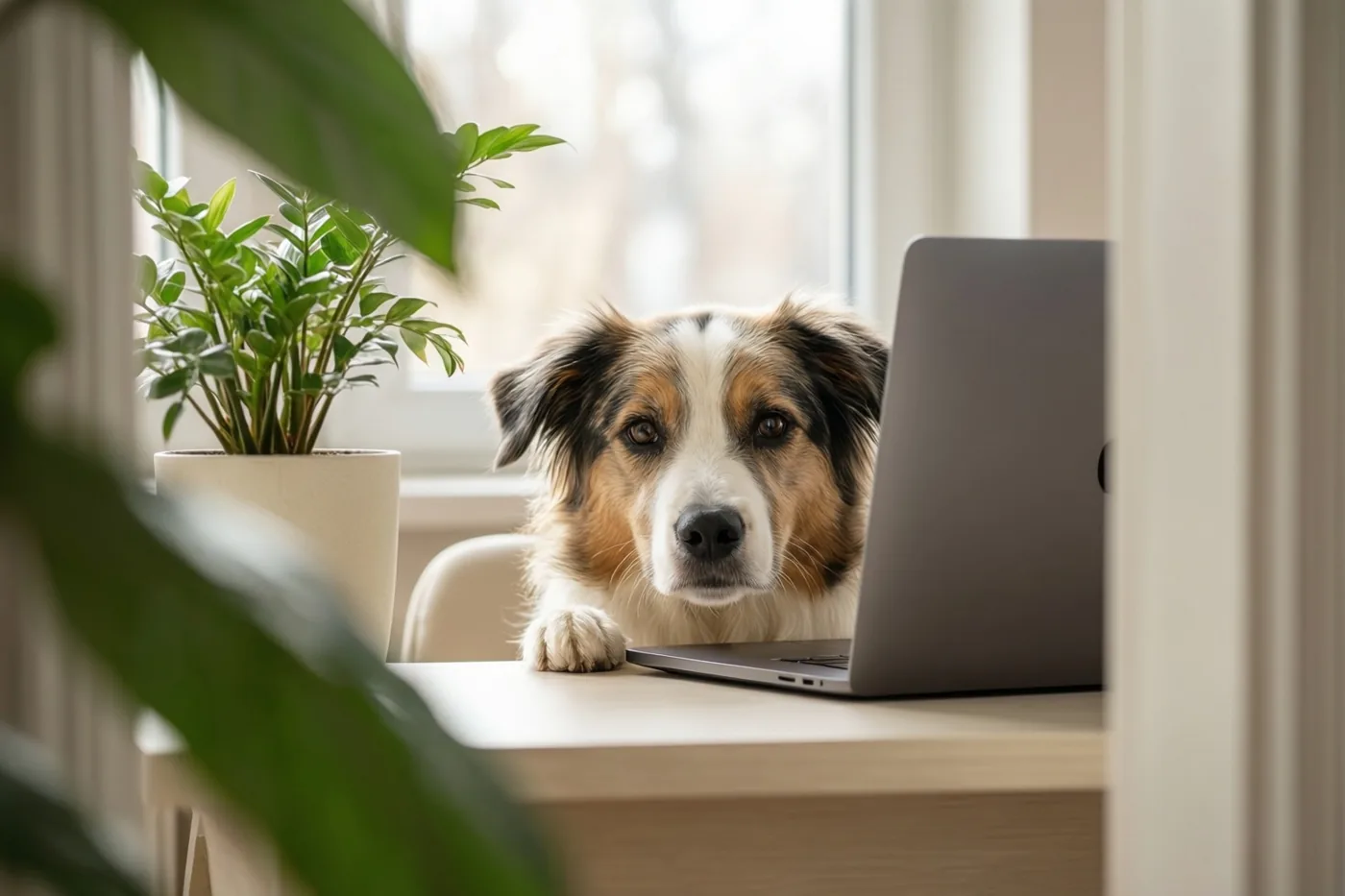 Een hond met bruine, zwarte en witte vacht kijkt over een licht houten bureau naast een zilverkleurige laptop en een potplant, met zacht daglicht van een raam.