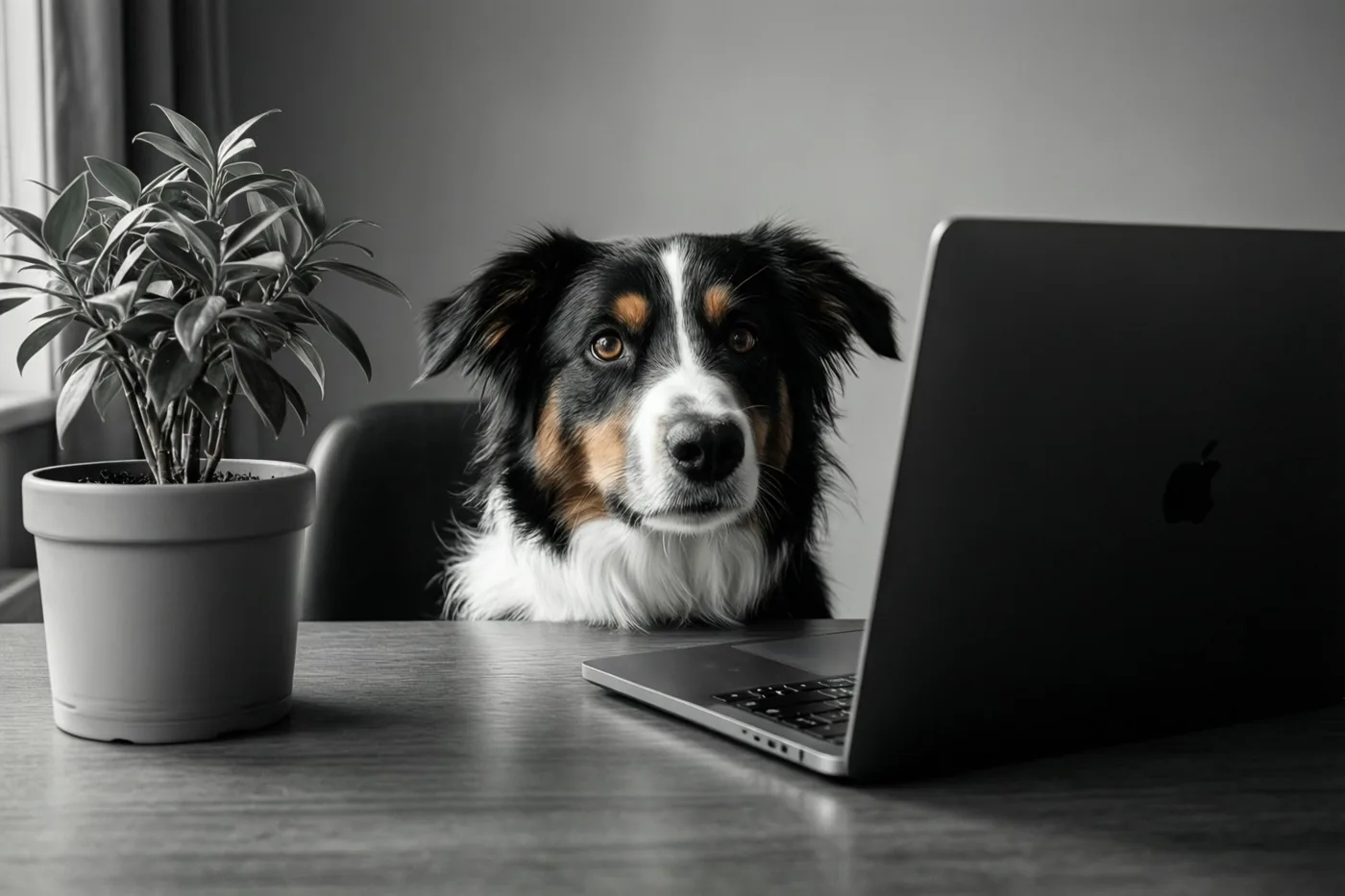 Een hond kijkt over de rand van een bureau naast een laptop en een potplant op een zwart-witfoto met een neutrale achtergrond.