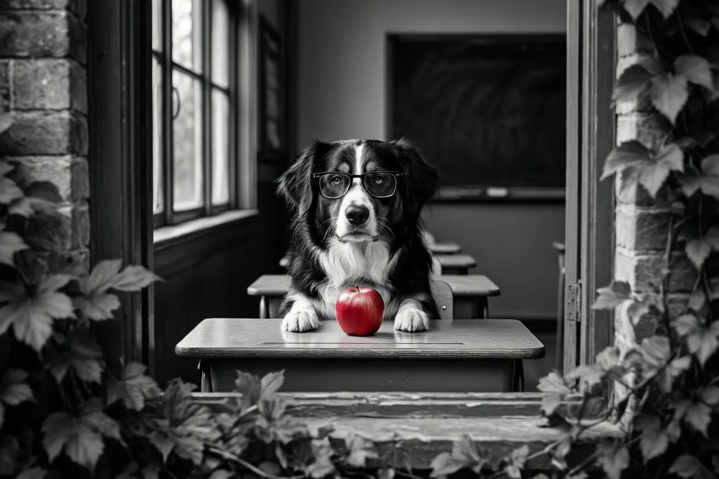 Een hond met een bril zit aan een schoolbank met een rode appel, omringd door bakstenen muren met klimop en een raam, in een grotendeels zwart-wit beeld.