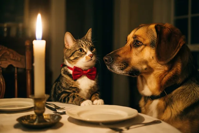 Hond en kat bij kaarslicht