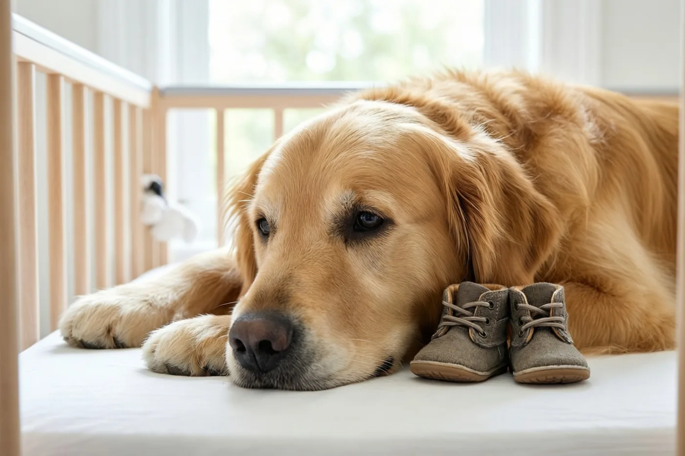 Een golden retriever ligt met zijn kop naast kleine babyslofjes op een witte babybedmatras, met zacht licht uit een raam op de achtergrond.