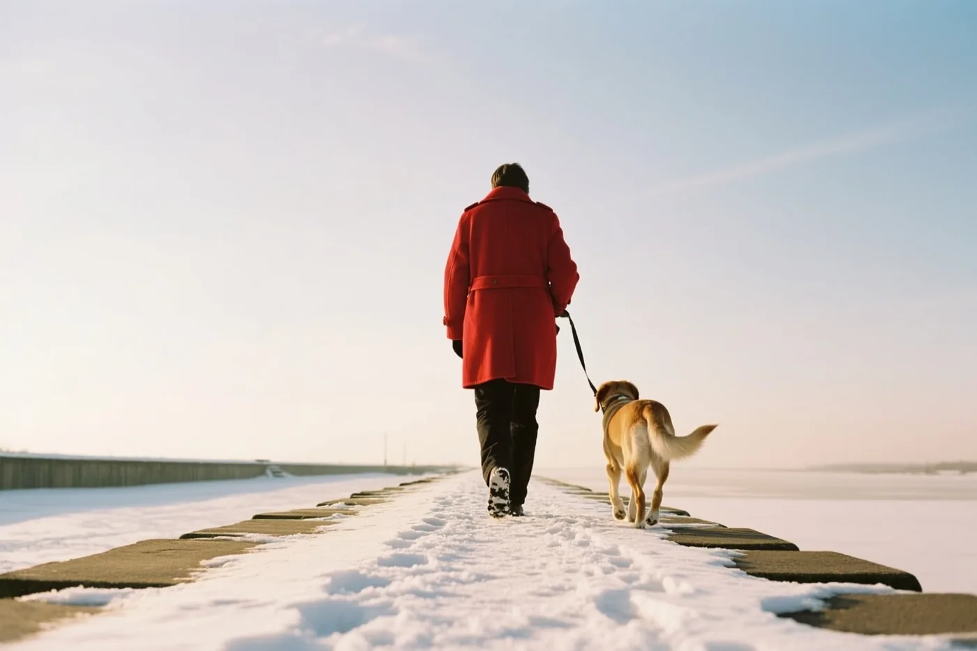 Van achteren is een persoon in een rode jas te zien die met een lichtbruine hond over een besneeuwd pad langs een dijk wandelt onder een bleke blauwe lucht.
