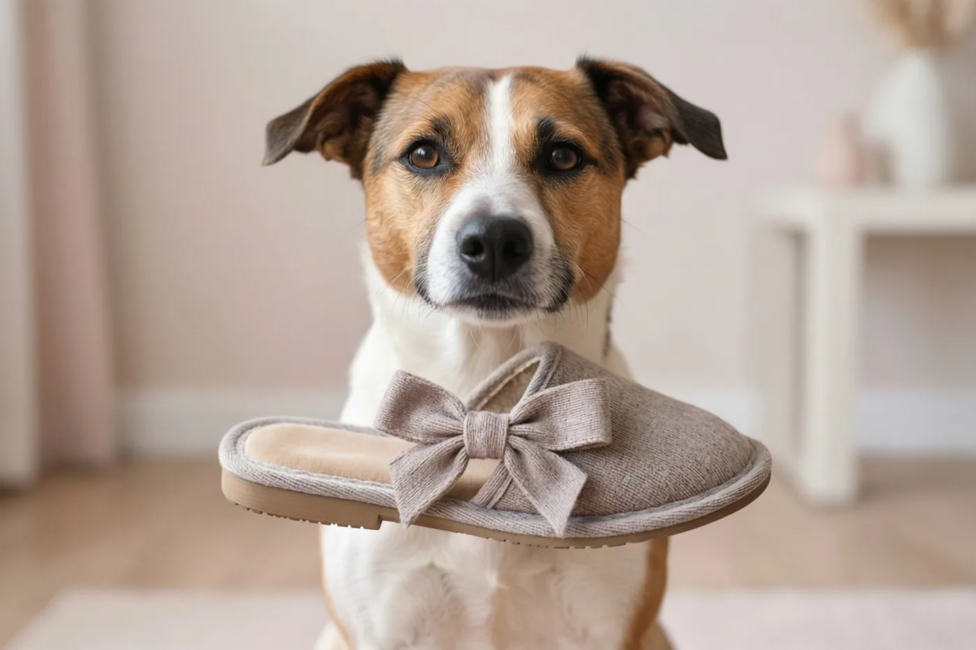 Een bruin-witte hond zit in een zacht verlichte kamer met neutrale tinten en houdt een beige pantoffel met strik omhoog.