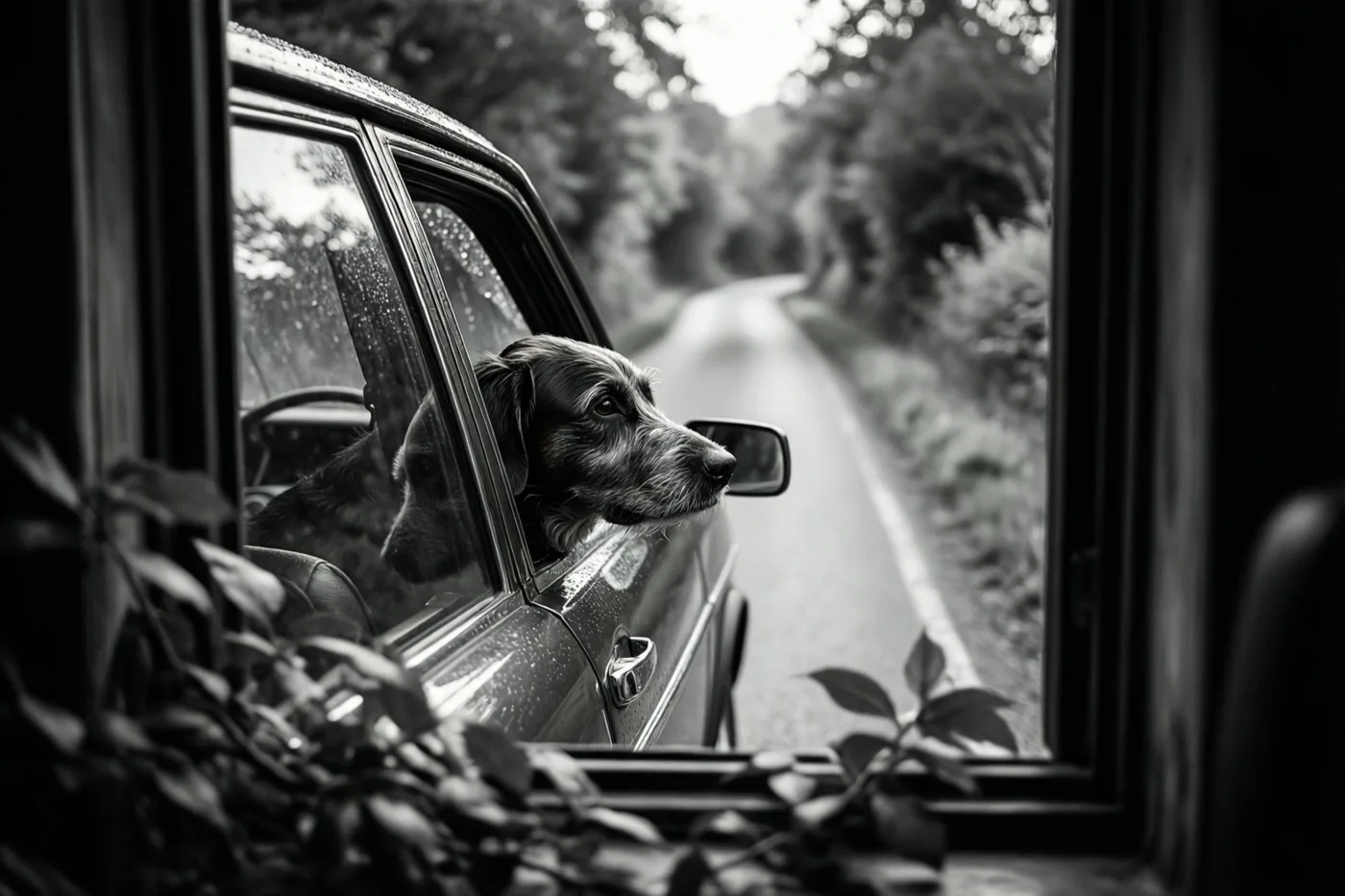 Een zwart-witfoto toont een hond met zijn kop uit een autoraam op een laan met bomen, met bladeren op de voorgrond en een omlijsting rond het beeld.