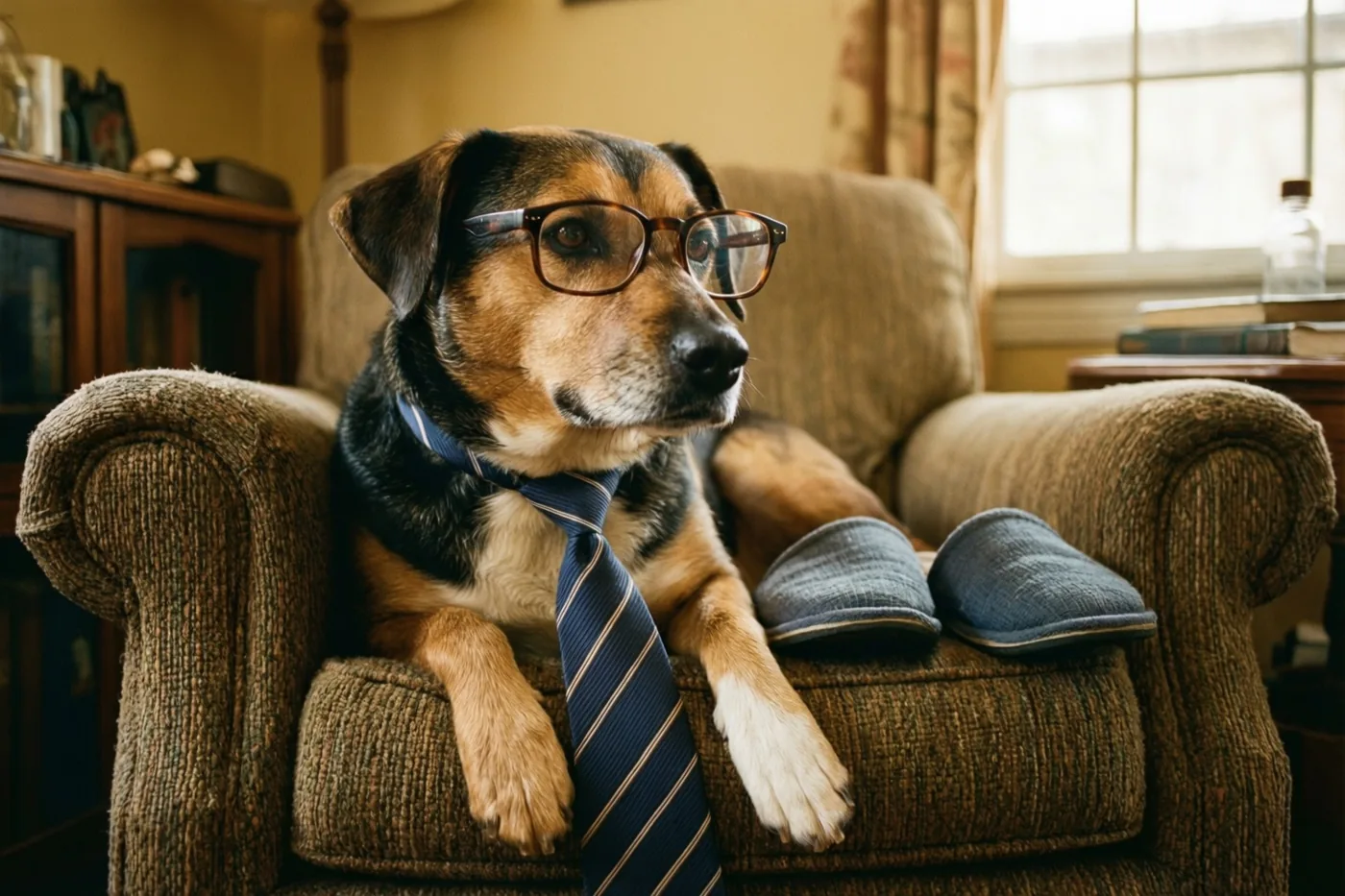 Een hond met leesbril en das ligt in een bruine zetel met herenpantoffels ernaast, in een warm verlichte woonkamer met houten meubels en een raam.