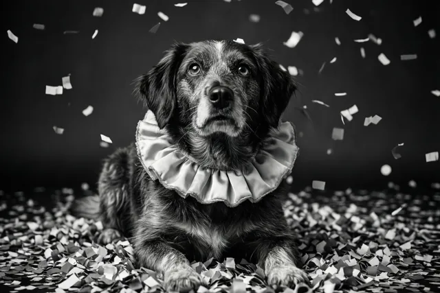 Een hond in de confettiregen