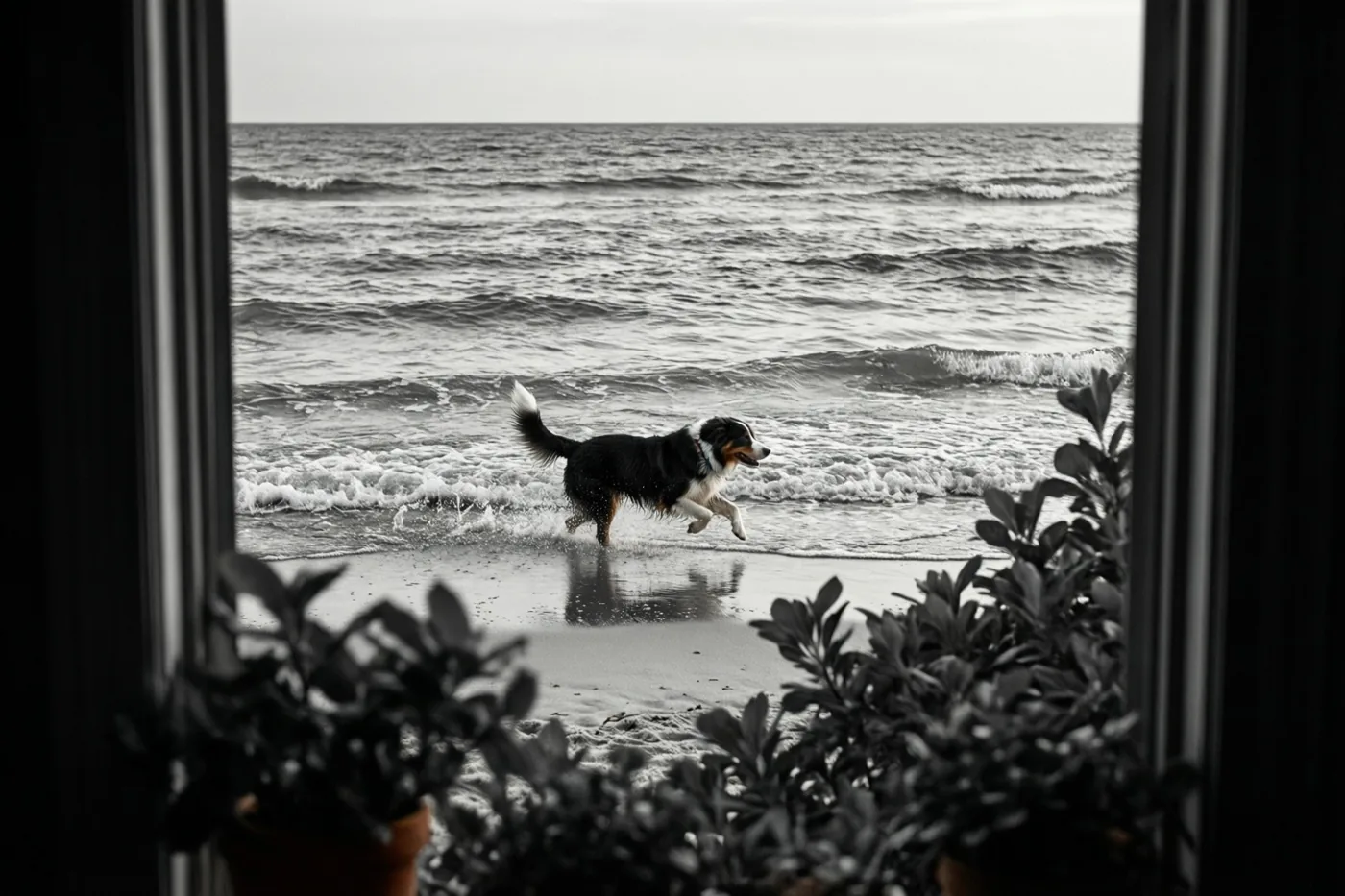 Een zwart-witfoto toont door een raam een hond die door ondiepe golven op het strand rent.