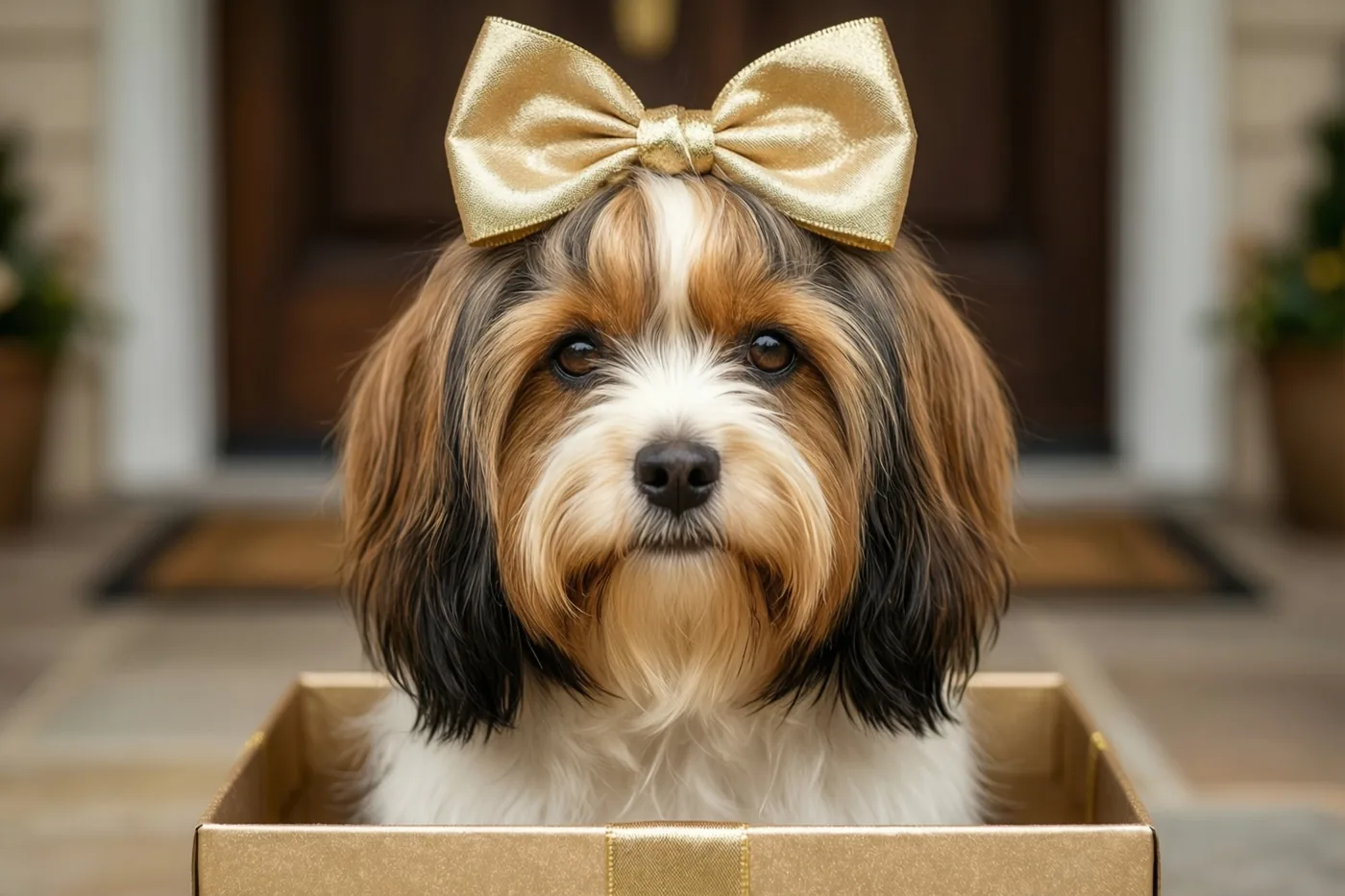 Een kleine hond met een grote gouden strik op zijn kop zit in een gouden geschenkdoos op een drempel voor een houten deur met potplanten.