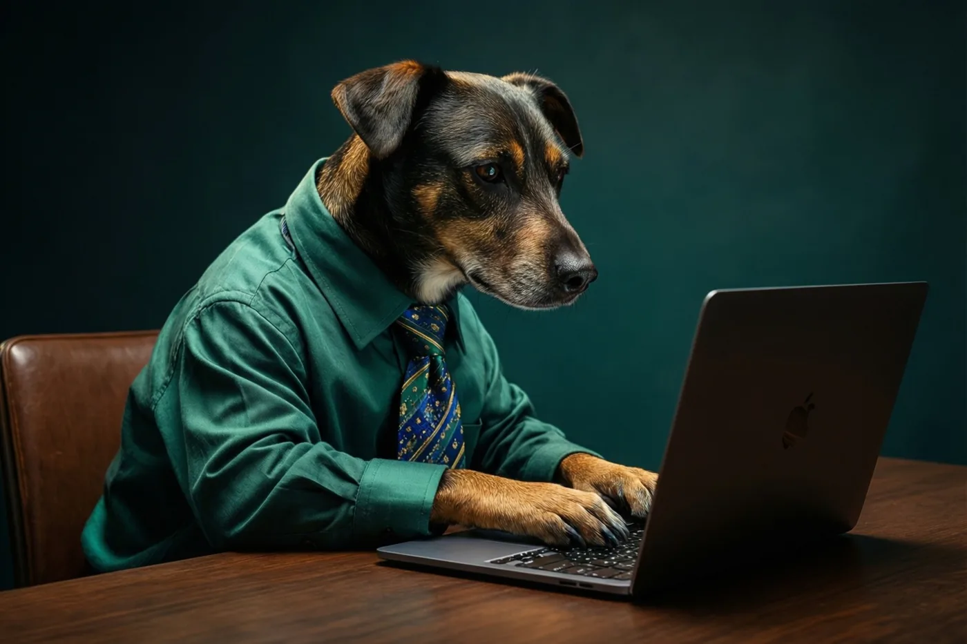 Een hond in een groen hemd met een das met motief zit aan een houten bureau en typt op een zilverkleurige laptop tegen een donkere blauwgroene achtergrond.