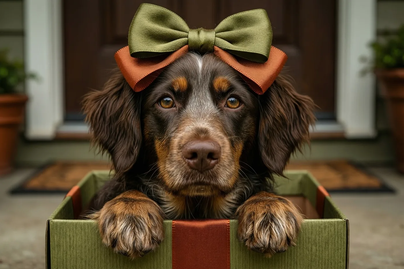 Een bruine en lichtbruine hond met hangoren zit in een groene geschenkdoos met een olijfgroene en oranje strik op zijn kop, voor een houten deur tussen potplanten.