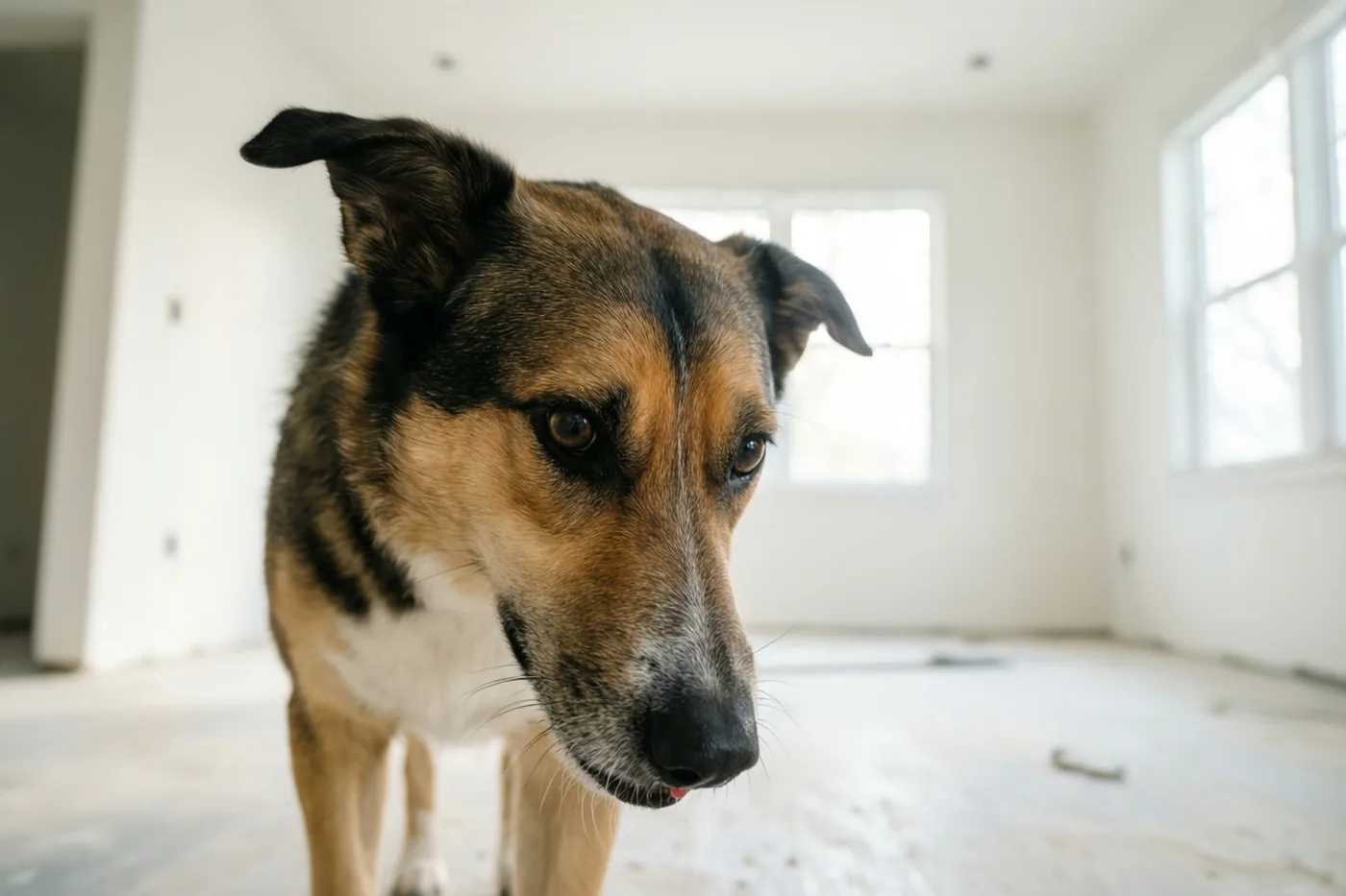 Een bruin-zwarte hond met een witte borst staat in een lege, helderwitte woonkamer en kijkt naar de camera, met daglicht door de ramen.