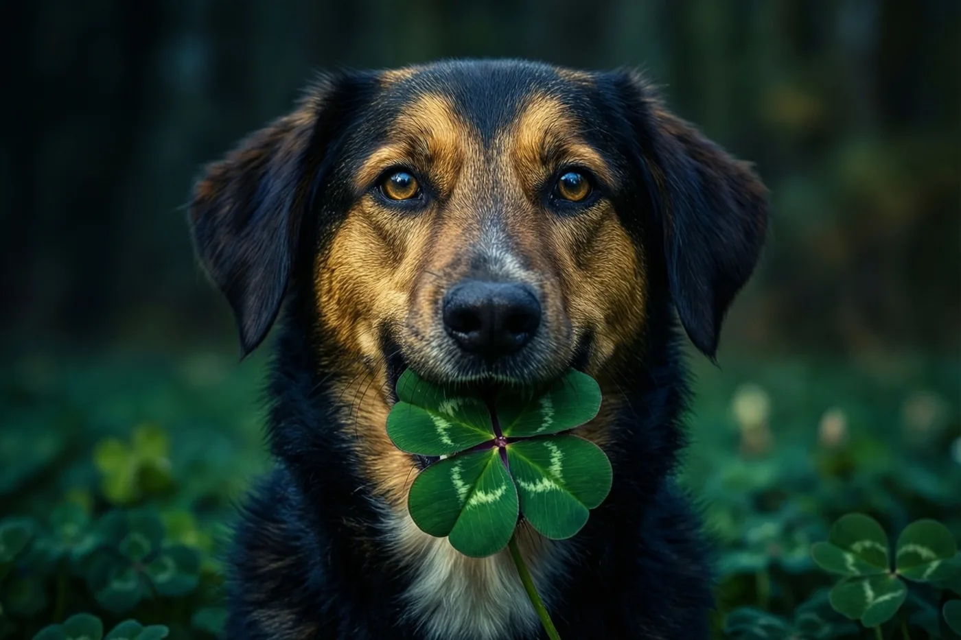 Een zwarte hond met lichtbruine aftekeningen houdt een klavertjevier in zijn bek in een groen veld vol klaver.