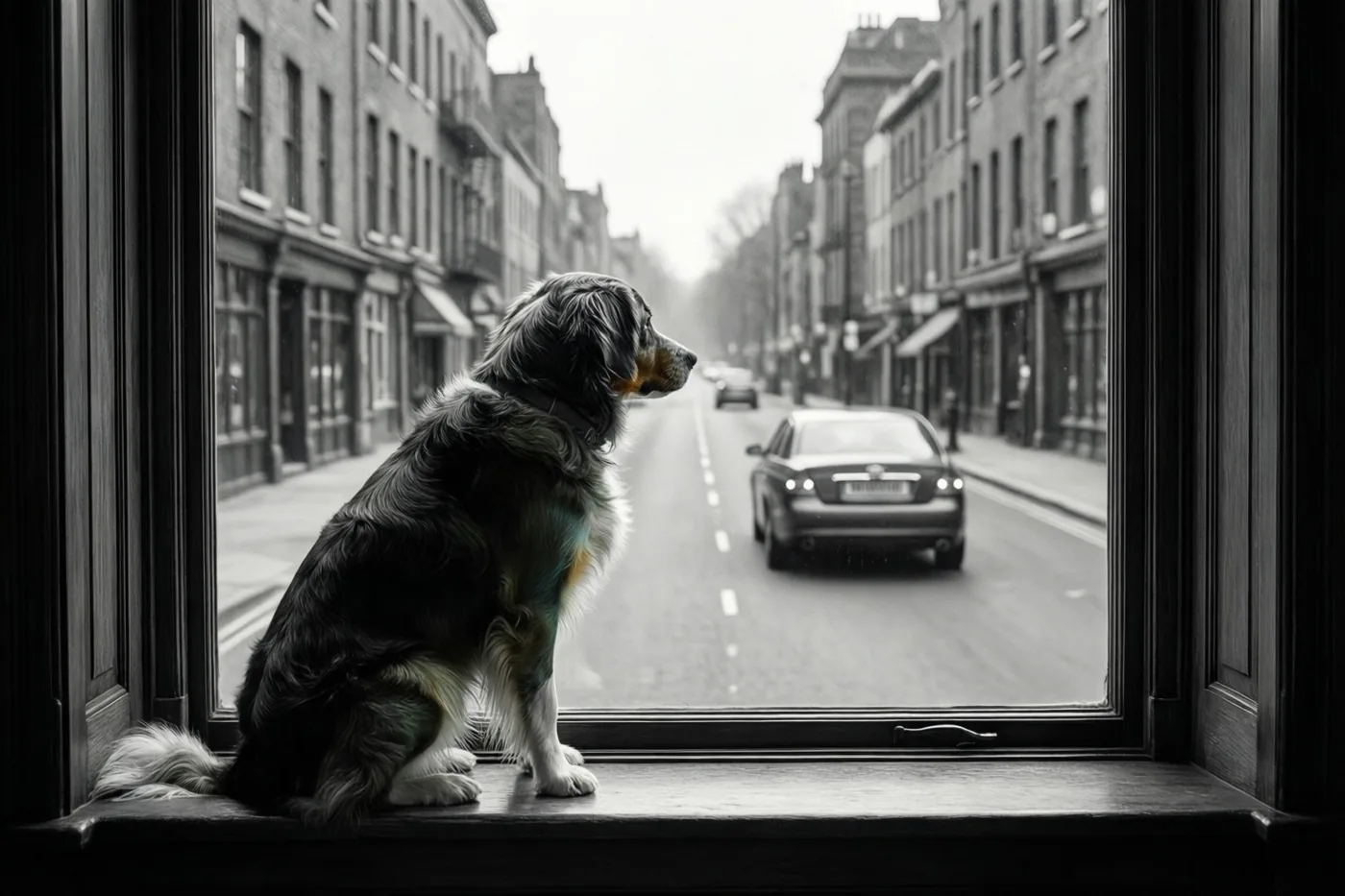 Een hond zit op een vensterbank en kijkt naar een wegrijdende auto op straat, in een zwart-witbeeld waarin alleen de vacht kleur heeft.