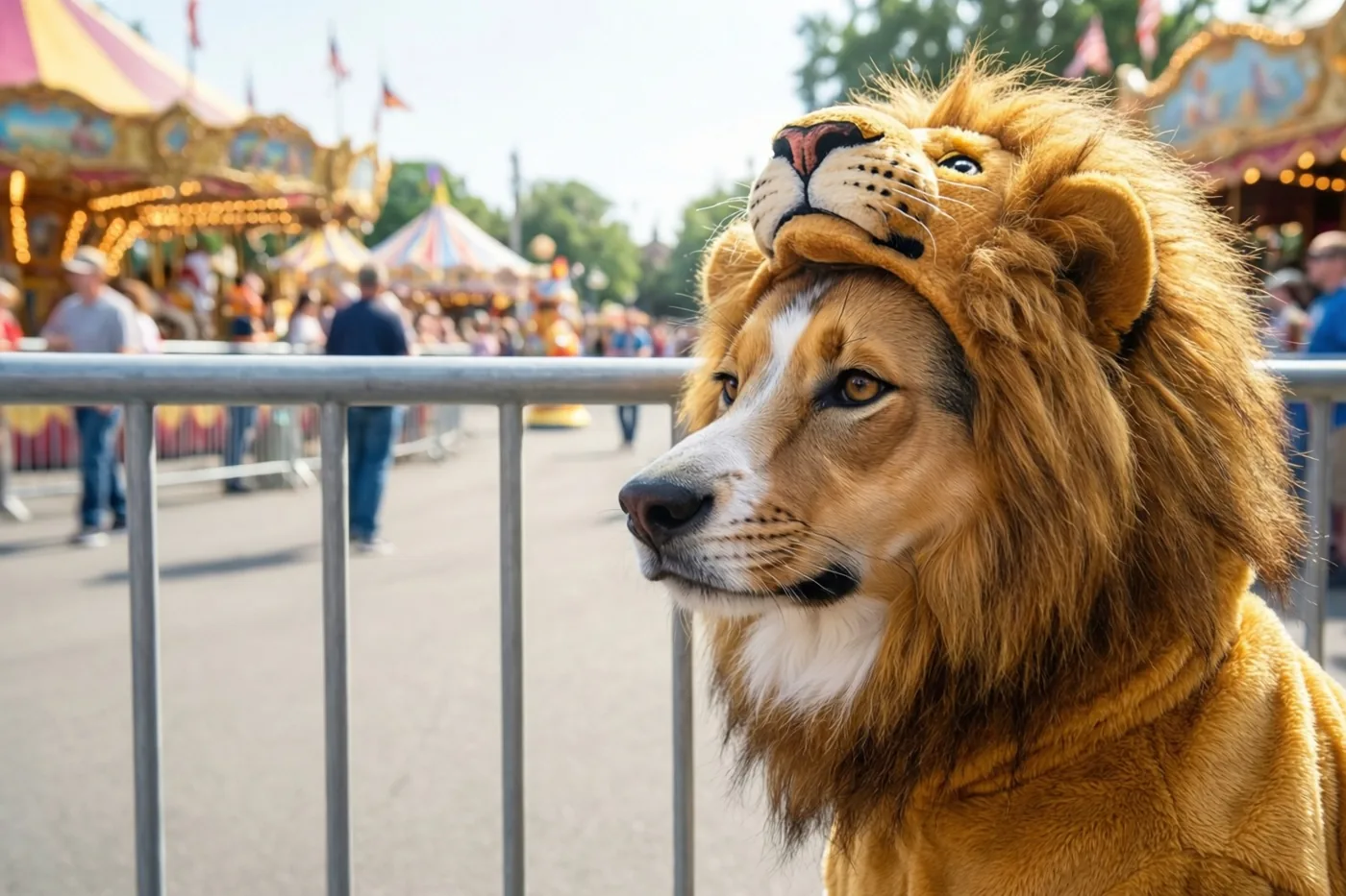 Een hond in een leeuwenpak is van opzij te zien terwijl hij door een metalen hek naar wazige mensen en kermisattracties kijkt.
