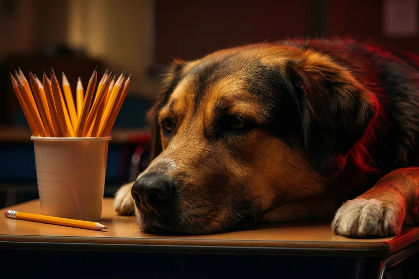Een bruin-zwarte hond legt zijn kop op een houten bureau naast een beker met geslepen potloden, in warm licht met bruine, oranje en rode tinten.