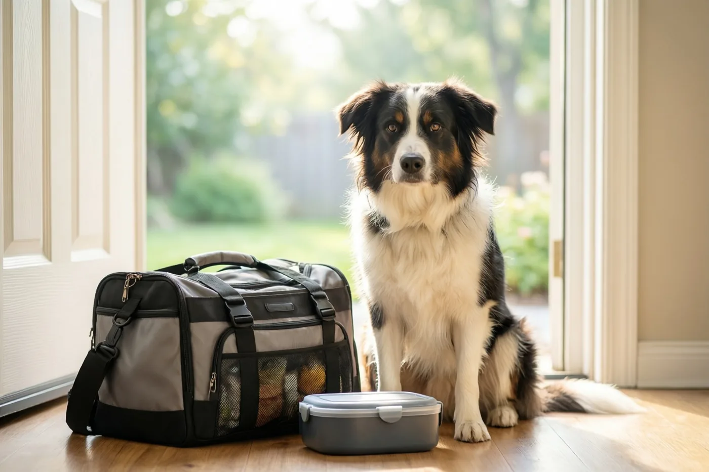 Een zwart-witte hond zit naast een grijs-zwarte reistas en een grijze brooddoos op een houten vloer bij een deuropening in warm daglicht.