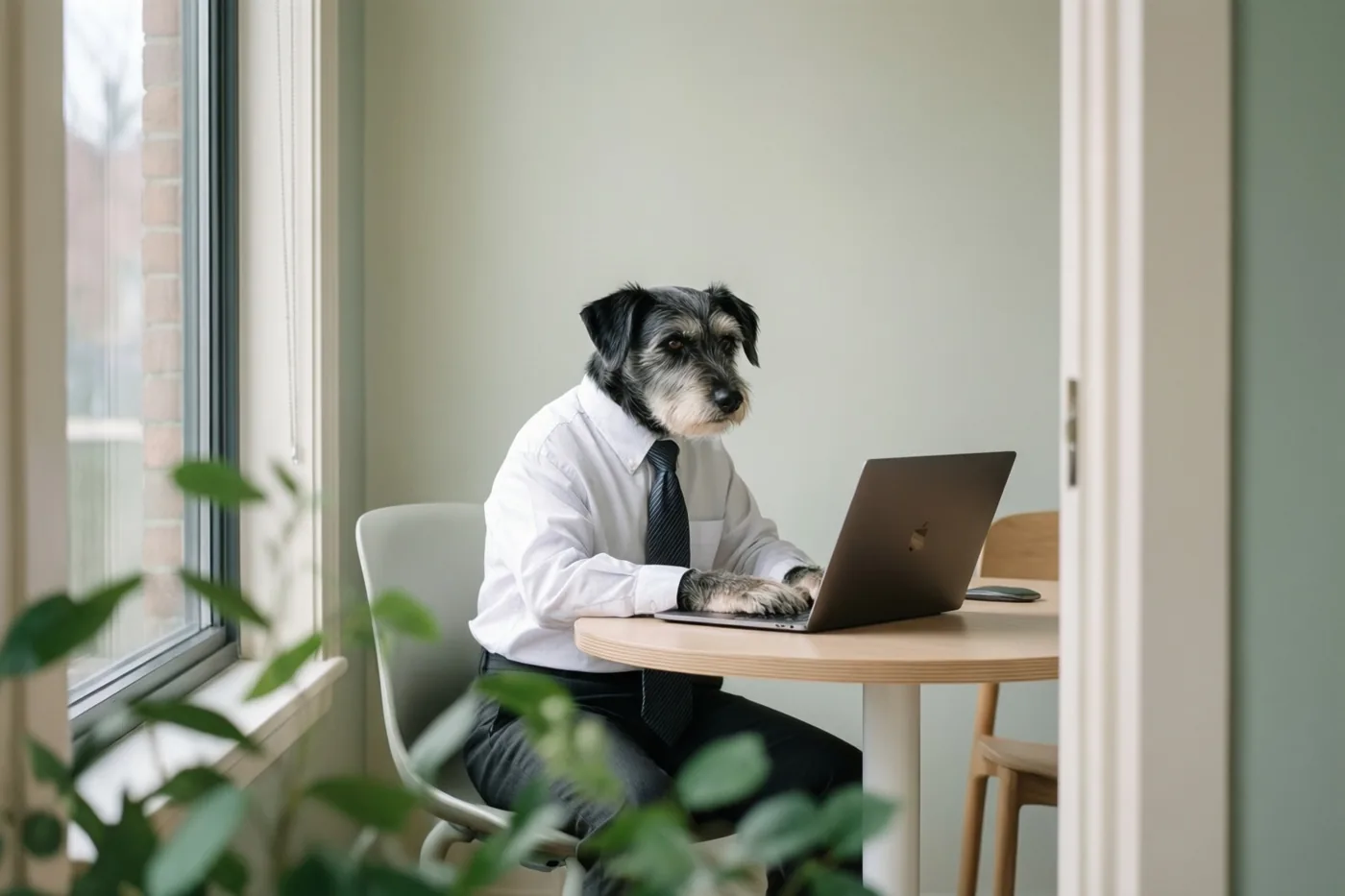 Een hond in een wit hemd met das zit aan een houten bureau en typt op een zilverkleurige laptop in een lichte kamer met een raam en groene planten.
