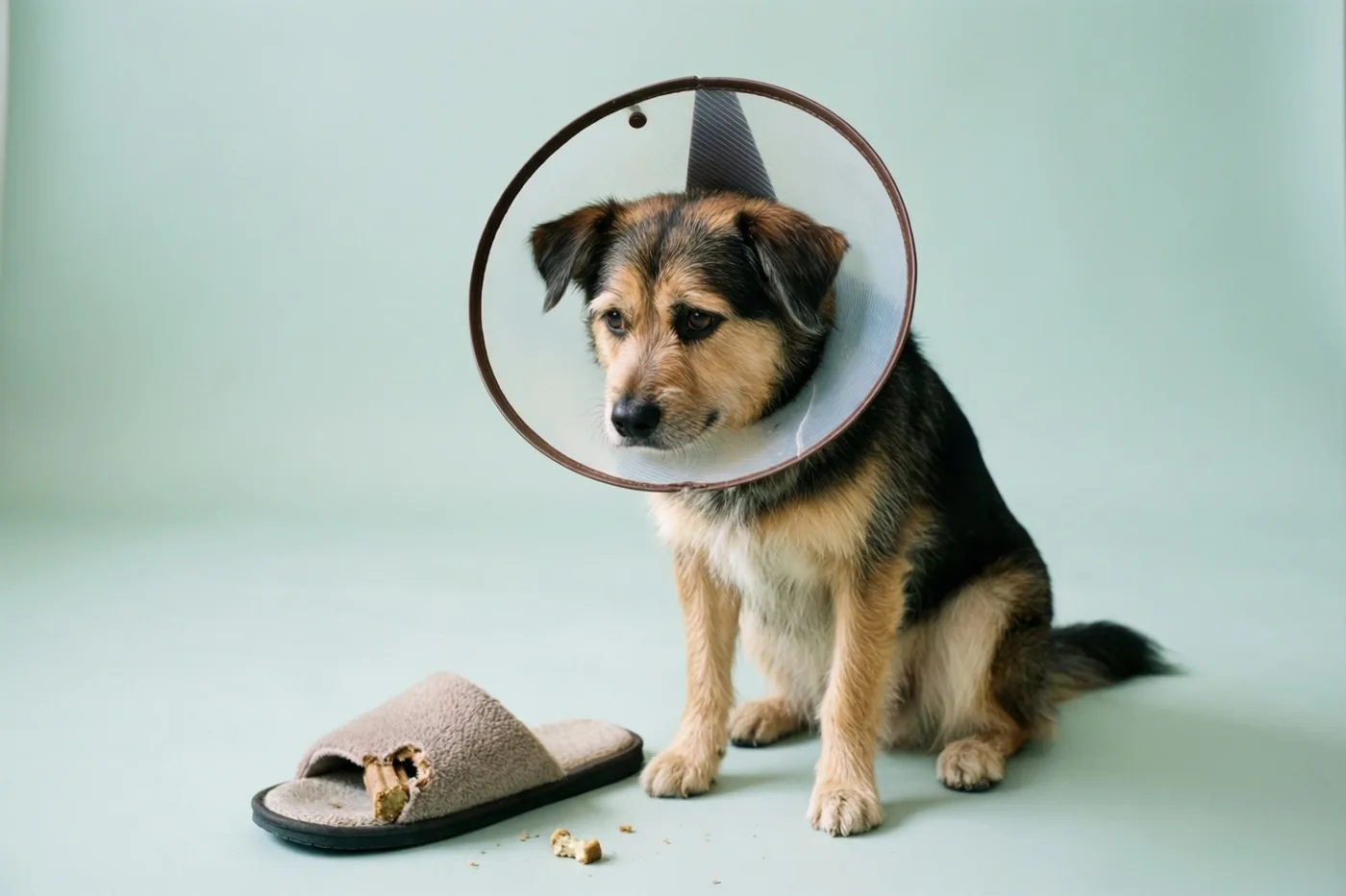 Een kleine bruin-zwarte hond met een doorzichtige plastic beschermkap zit op een lichtblauwe ondergrond naast een kapotgekauwde beige pantoffel.
