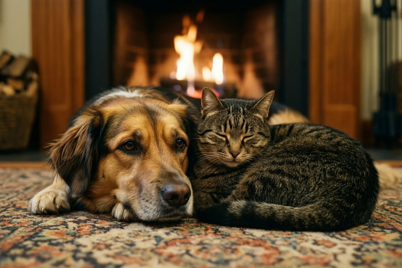 Een hond en een gestreepte kat liggen samen opgerold op een tapijt met motieven voor een brandende open haard, in warme bruine, oranje en crèmekleurige tinten.