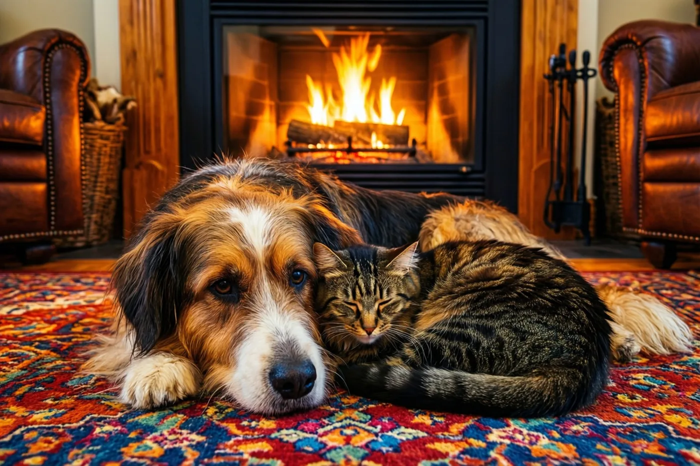 Een hond en een kat liggen samen opgerold op een kleurrijk tapijt met motieven voor een brandende open haard, in warm vuurlicht.