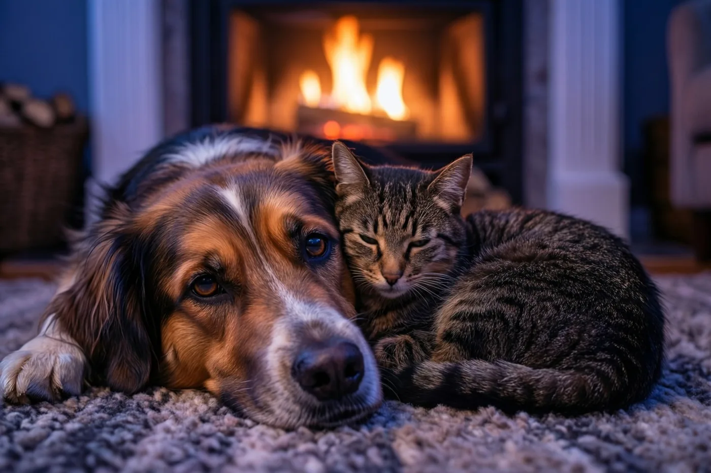 Een hond en een gestreepte kat liggen samen opgerold op een tapijt met textuur voor een gloeiende open haard, in warm vuurlicht.
